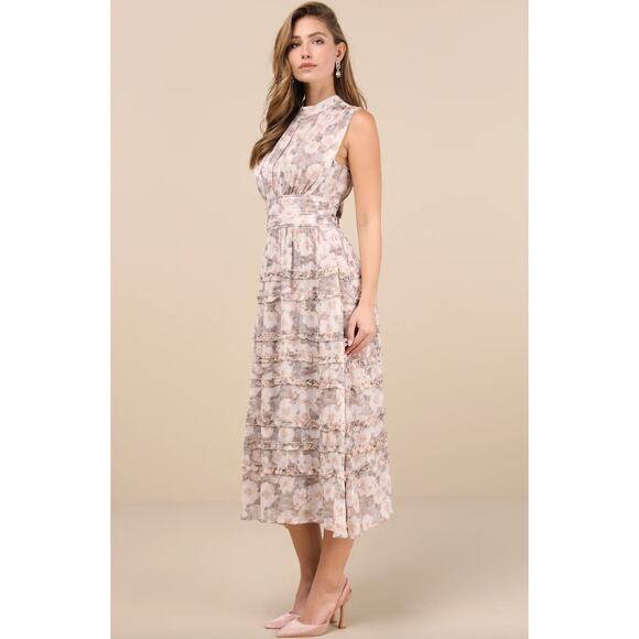 Lulus Happily Sweet Beige Floral Mock Neck Backless Midi Dress Cocktail S NWT - Picture 3 of 14